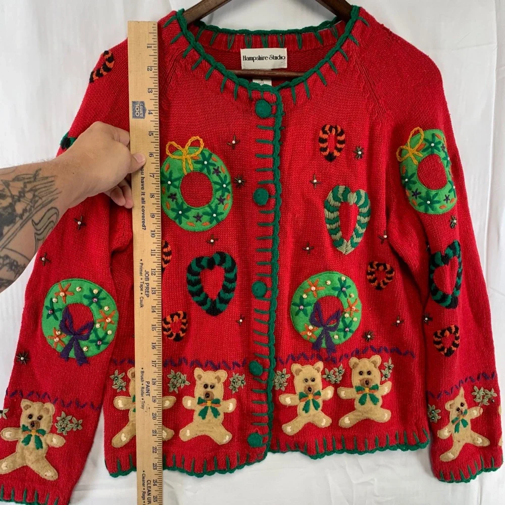 Hampshire Studio Cardigan Women‎ M Red Christmas Teddy Bear Applique Sweater